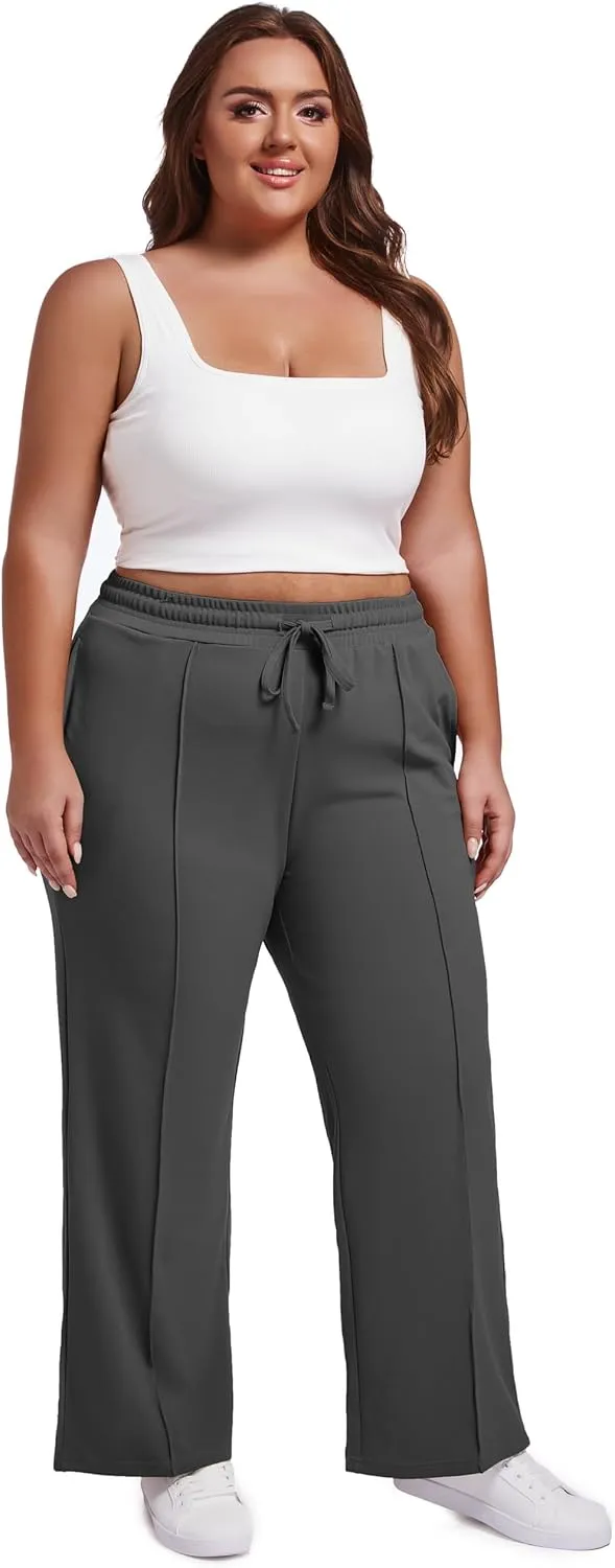 SEKINO Women's Plus Size Wide Straight Leg Pants High Waisted Business Casual Work Pants Trousers with Pockets Drawstring