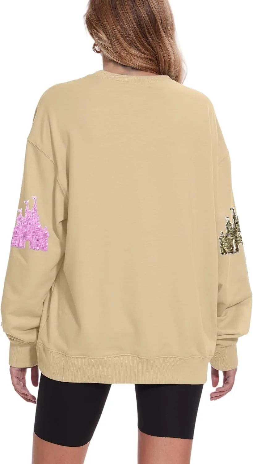 Sequin Magic Kingdom Sweatshirt For Women Sparkle Magical Castle Pullover Oversized Holiday Long Sleeve Tee Shirt Tops