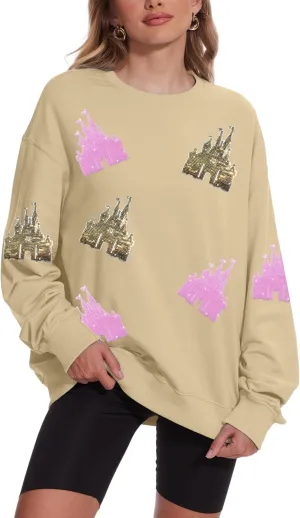 Sequin Magic Kingdom Sweatshirt For Women Sparkle Magical Castle Pullover Oversized Holiday Long Sleeve Tee Shirt Tops