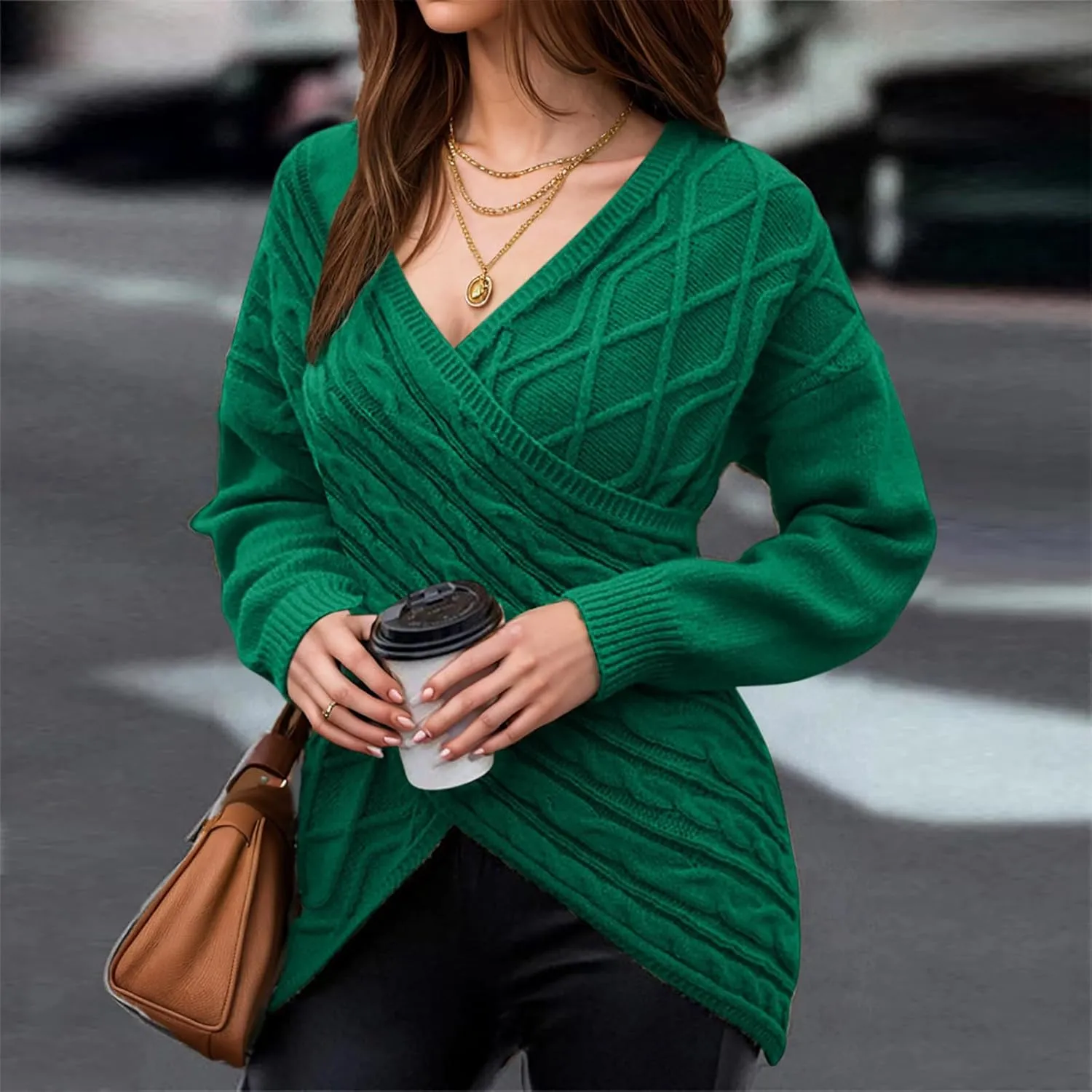 Sexy Sweaters for Women 2024 Drop Shoulder Long Sleeve Wrap Cross V Neck Jumper Tops Cable Knit Pullover Sweater