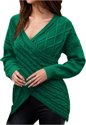 Sexy Sweaters for Women 2024 Drop Shoulder Long Sleeve Wrap Cross V Neck Jumper Tops Cable Knit Pullover Sweater