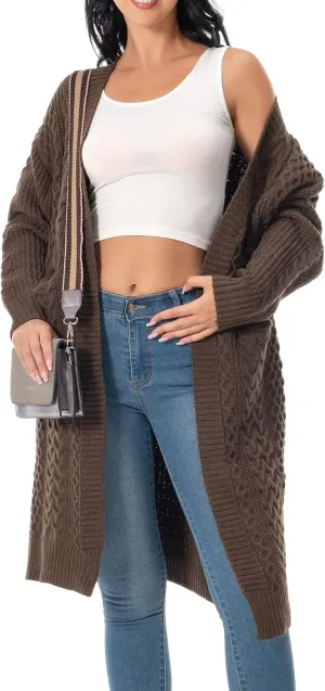Shineflow Womens Long Sleeve Casual Cable Knit Long Cardigan Knee Length Open Front Sweater Outerwear with Pockets