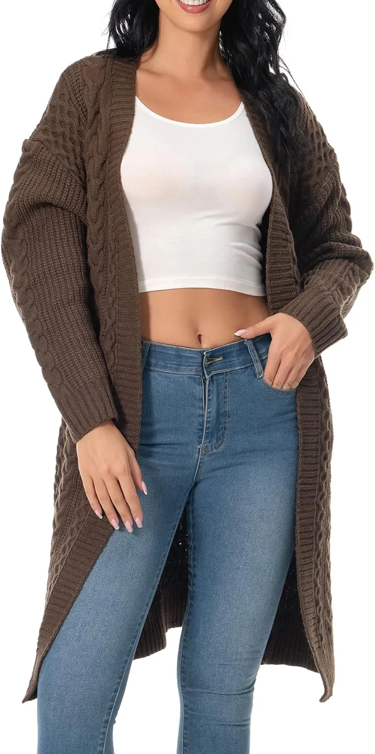 Shineflow Womens Long Sleeve Casual Cable Knit Long Cardigan Knee Length Open Front Sweater Outerwear with Pockets