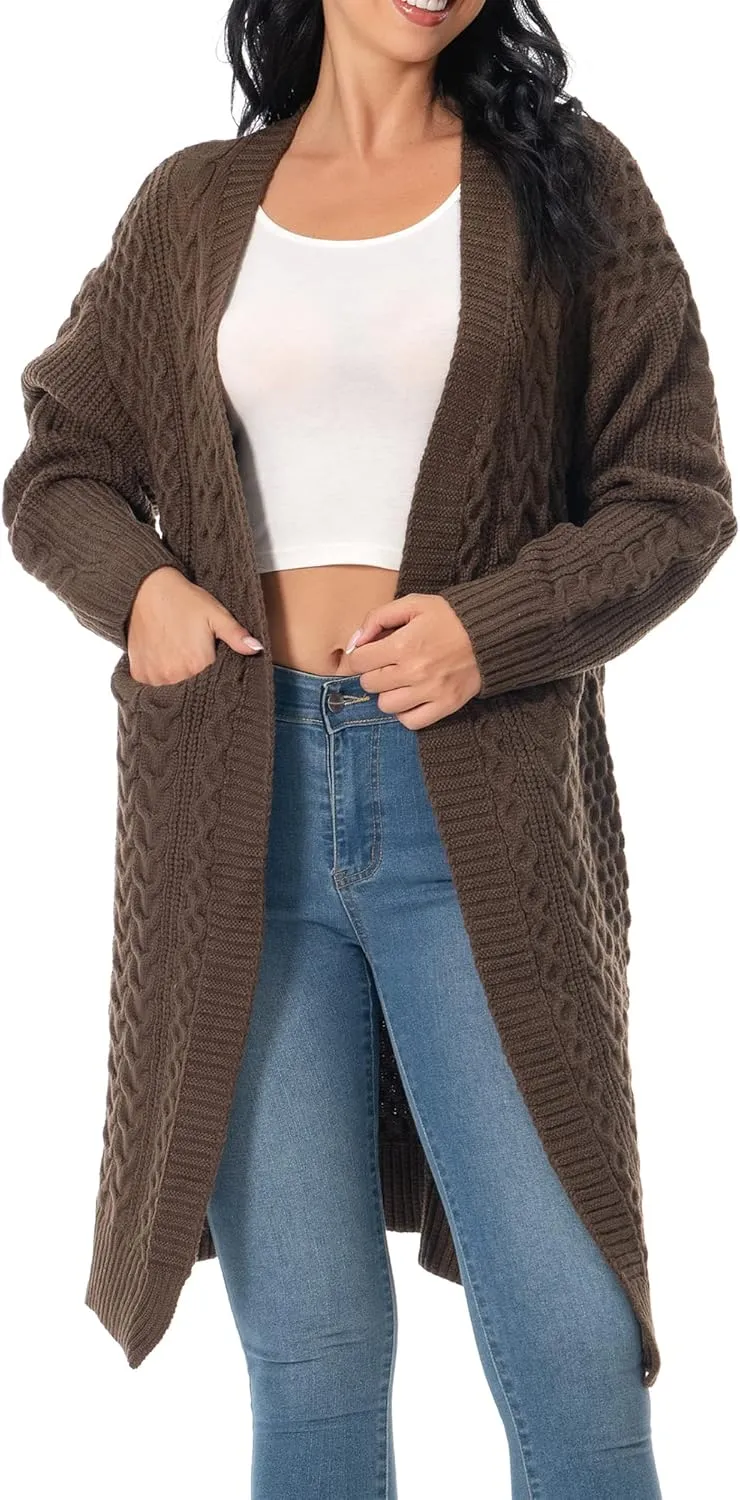 Shineflow Womens Long Sleeve Casual Cable Knit Long Cardigan Knee Length Open Front Sweater Outerwear with Pockets