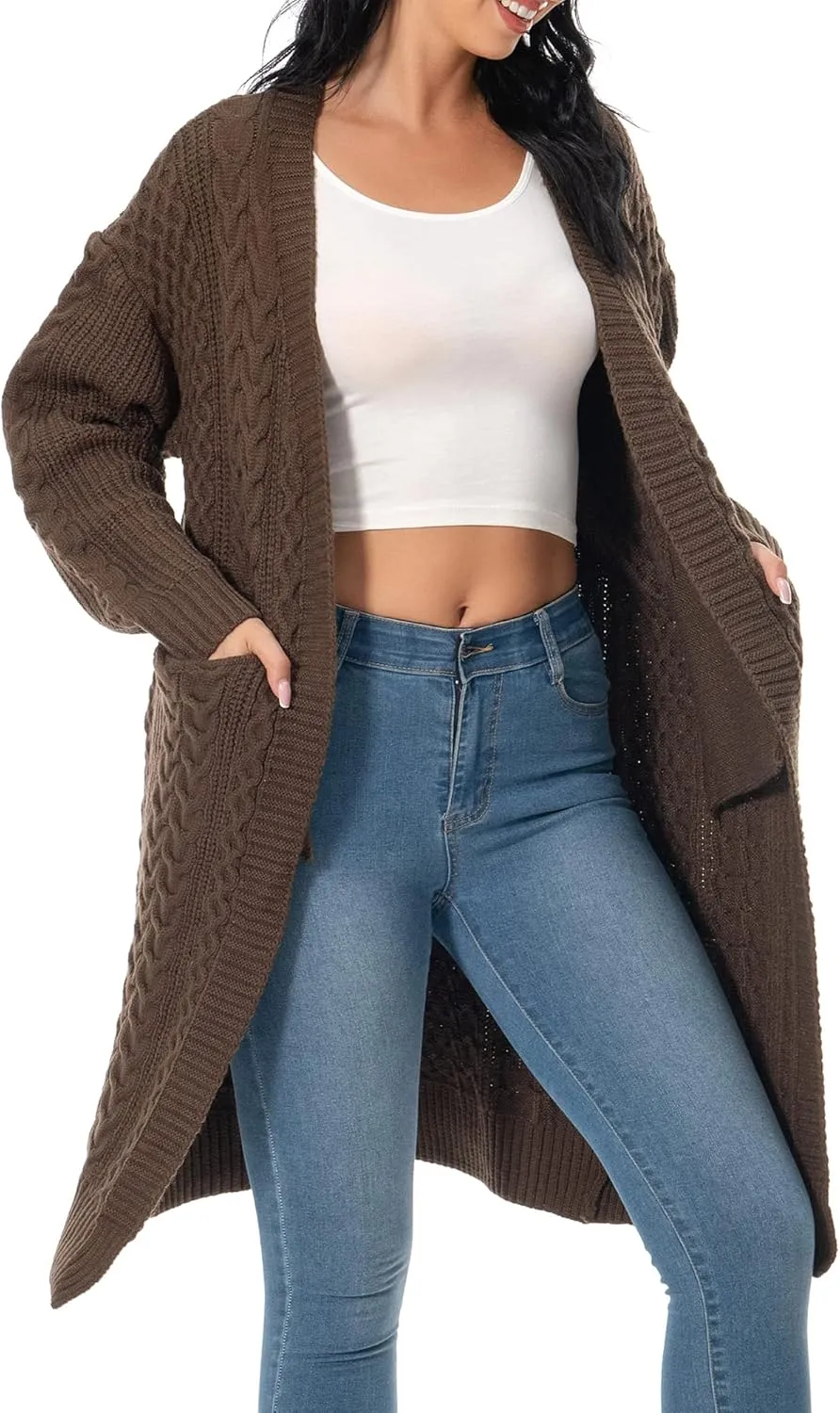 Shineflow Womens Long Sleeve Casual Cable Knit Long Cardigan Knee Length Open Front Sweater Outerwear with Pockets