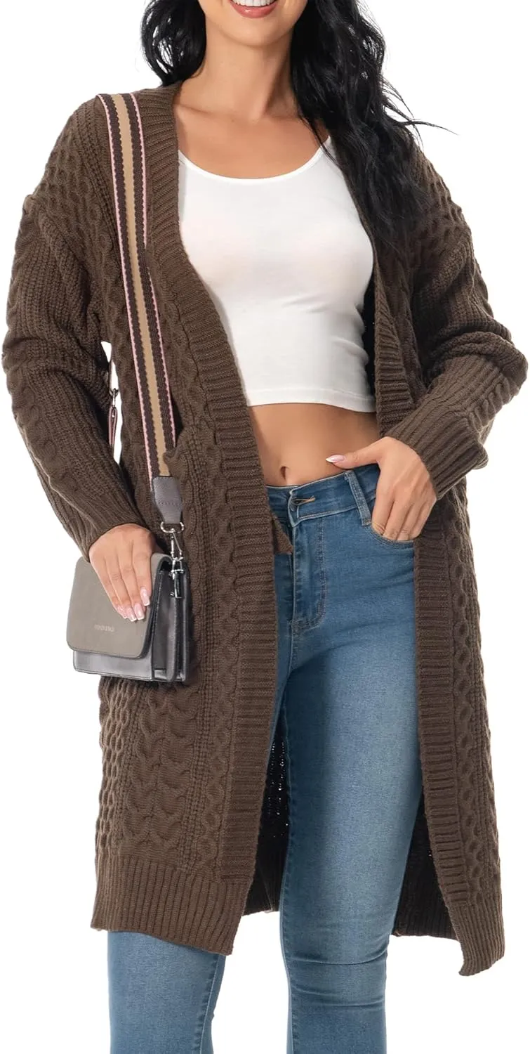 Shineflow Womens Long Sleeve Casual Cable Knit Long Cardigan Knee Length Open Front Sweater Outerwear with Pockets