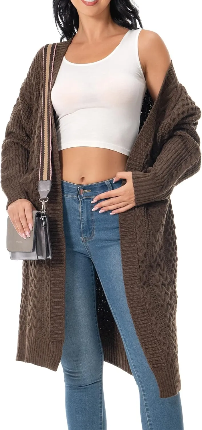 Shineflow Womens Long Sleeve Casual Cable Knit Long Cardigan Knee Length Open Front Sweater Outerwear with Pockets