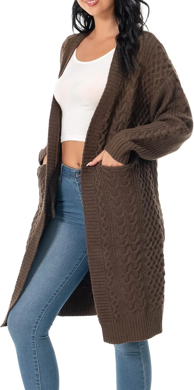 Shineflow Womens Long Sleeve Casual Cable Knit Long Cardigan Knee Length Open Front Sweater Outerwear with Pockets