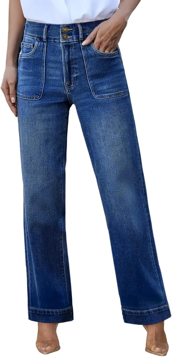 Sidefeel Women's High Waisted Straight Leg Jeans Stretchy Tummy Control Wide Leg Denim Pants with Pockets