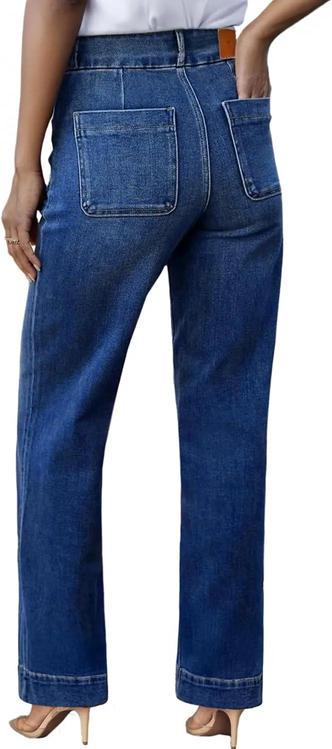 Sidefeel Women's High Waisted Straight Leg Jeans Stretchy Tummy Control Wide Leg Denim Pants with Pockets
