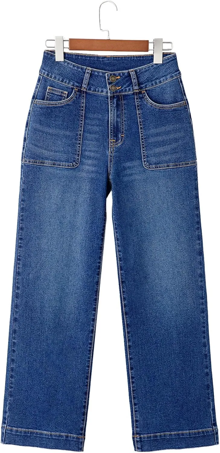 Sidefeel Women's High Waisted Straight Leg Jeans Stretchy Tummy Control Wide Leg Denim Pants with Pockets