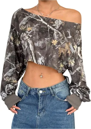 SOLY HUX Women's Camo Sweatshirt Off the Shoulder Long Sleeve Asymmetrical Neck Y2k Pullover Crop Tops Streetwear