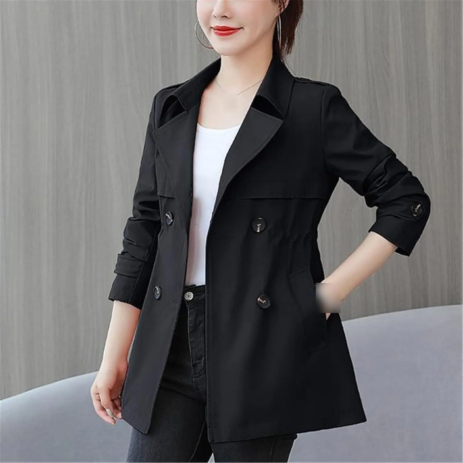 Spring Autumn Women's Trench Coat Medium Waist Outerwear Solid Color Windbreaker Female Overcoat Tops Casual Jacket