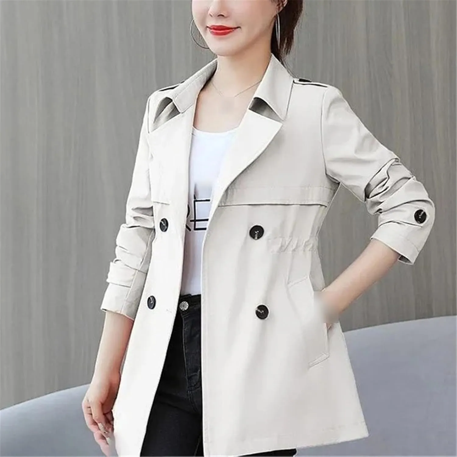 Spring Autumn Women's Trench Coat Medium Waist Outerwear Solid Color Windbreaker Female Overcoat Tops Casual Jacket