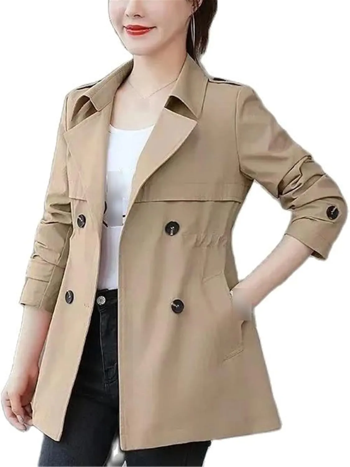 Spring Autumn Women's Trench Coat Medium Waist Outerwear Solid Color Windbreaker Female Overcoat Tops Casual Jacket