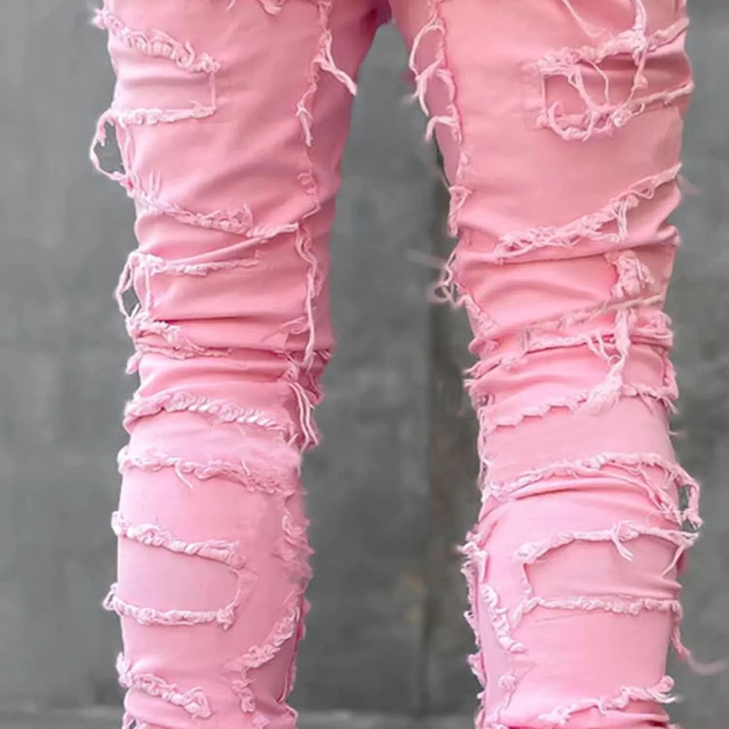 Stacked Jeans Men Skinny Ripped Jeans Slim Fit Patchwork Denim Pants Y2K Goth Harajuku Emo Hip Hop Jeans Trouser