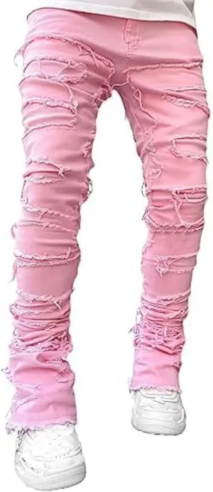 Stacked Jeans Men Skinny Ripped Jeans Slim Fit Patchwork Denim Pants Y2K Goth Harajuku Emo Hip Hop Jeans Trouser