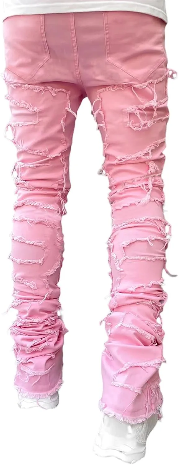 Stacked Jeans Men Skinny Ripped Jeans Slim Fit Patchwork Denim Pants Y2K Goth Harajuku Emo Hip Hop Jeans Trouser