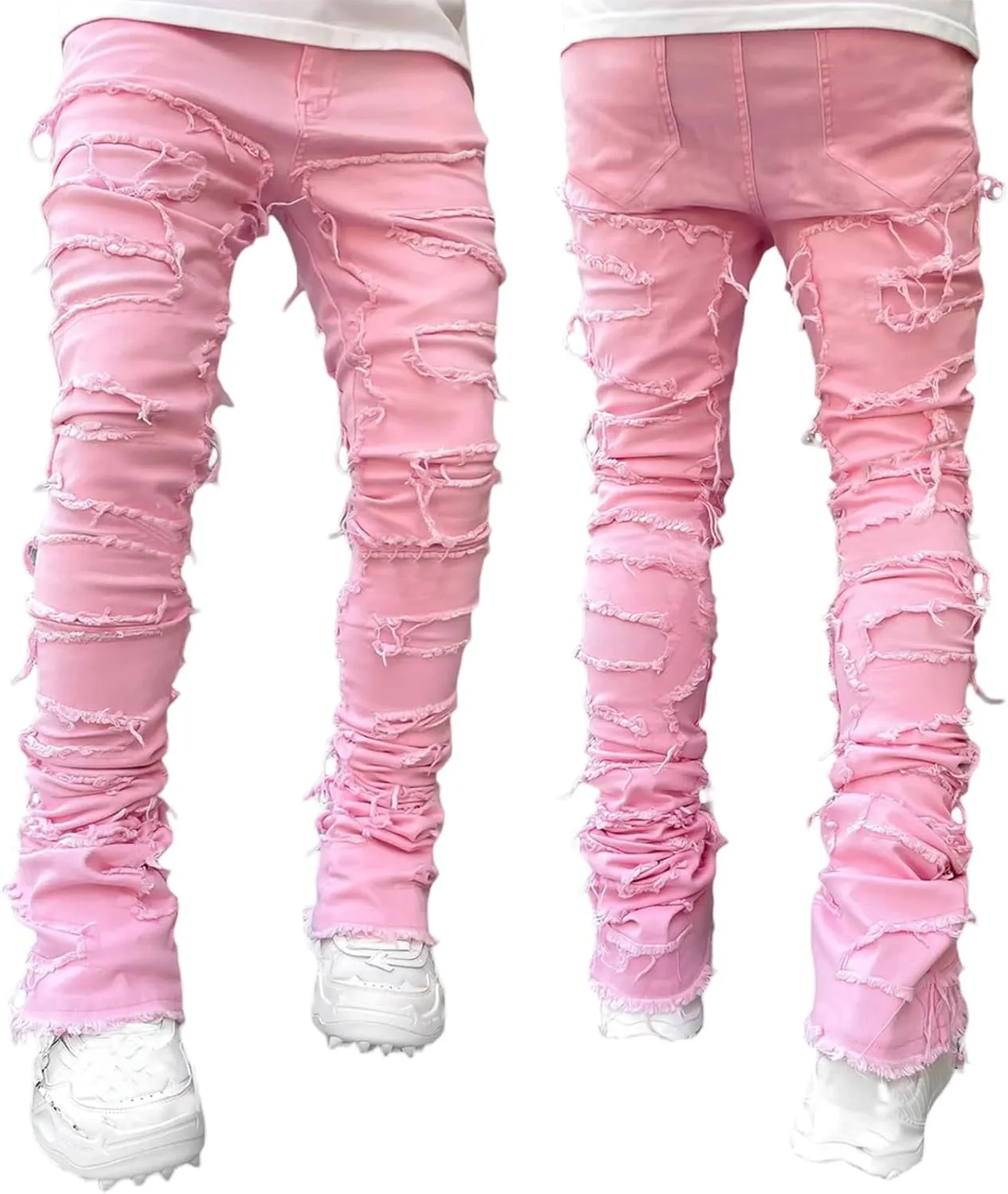 Stacked Jeans Men Skinny Ripped Jeans Slim Fit Patchwork Denim Pants Y2K Goth Harajuku Emo Hip Hop Jeans Trouser