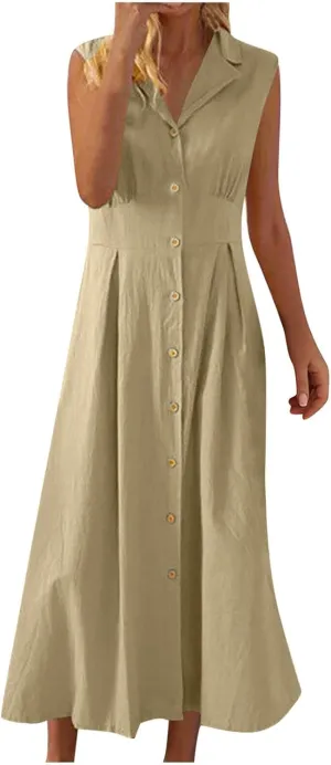 Summer Dreses for Women 2025 Casual Sleeveless Linen Maxi Dress Button Down V Neck Tank Dress Beach Long Sundress