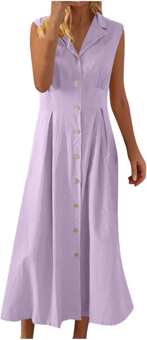 Summer Dreses for Women 2025 Casual Sleeveless Linen Maxi Dress Button Down V Neck Tank Dress Beach Long Sundress