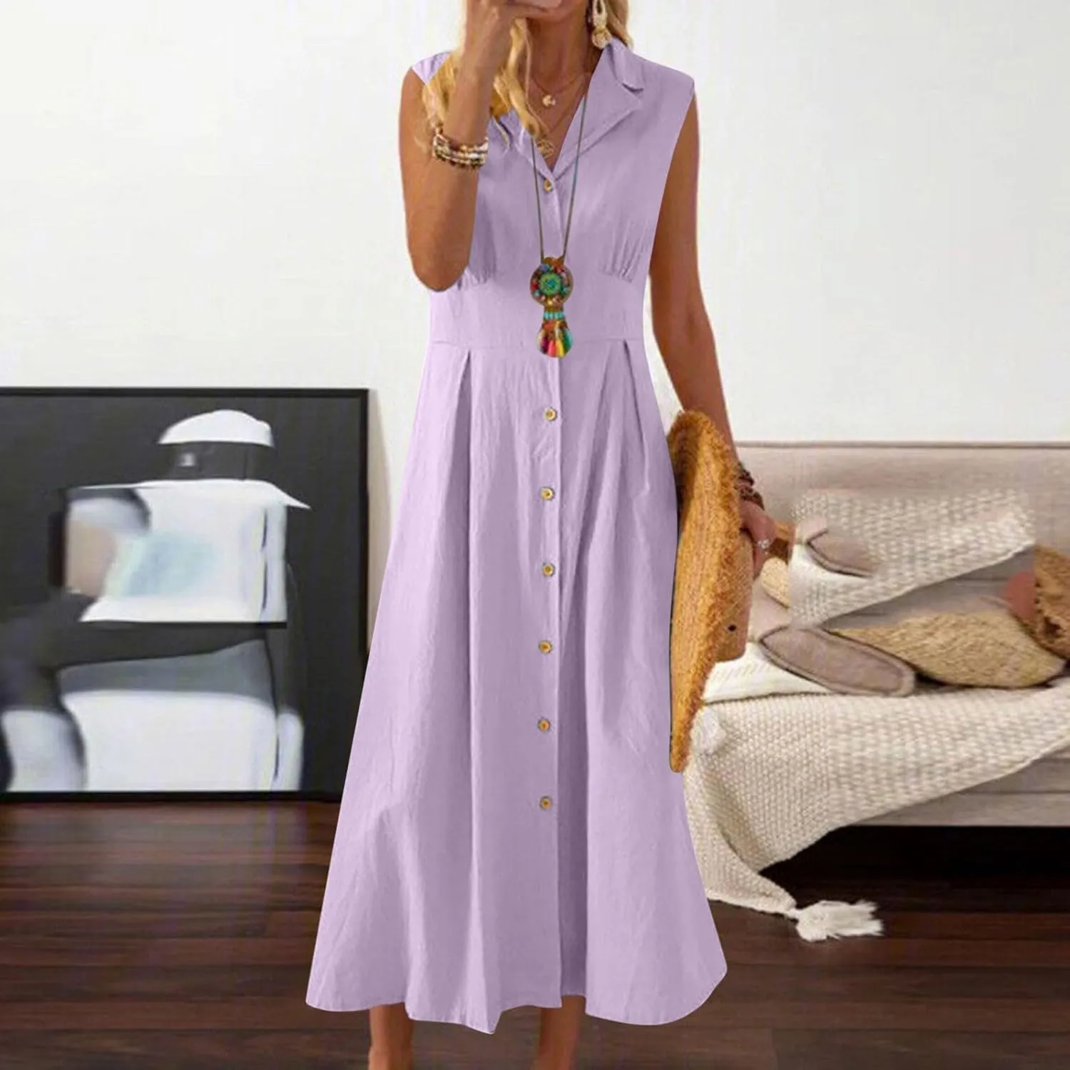 Summer Dreses for Women 2025 Casual Sleeveless Linen Maxi Dress Button Down V Neck Tank Dress Beach Long Sundress