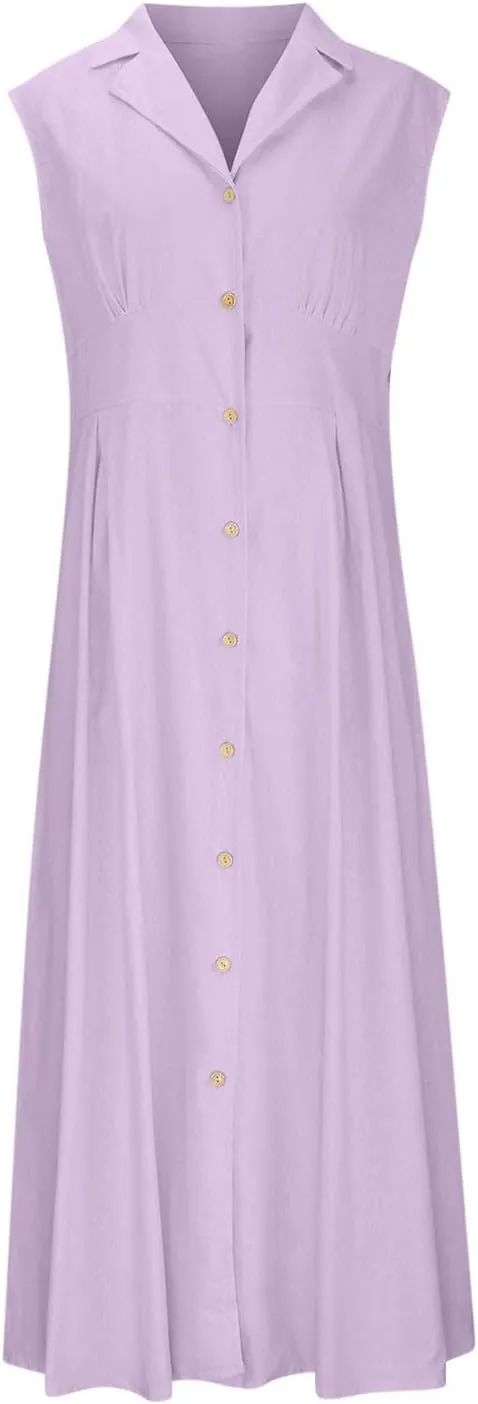 Summer Dreses for Women 2025 Casual Sleeveless Linen Maxi Dress Button Down V Neck Tank Dress Beach Long Sundress