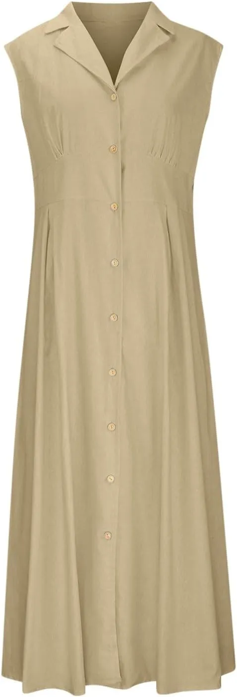Summer Dreses for Women 2025 Casual Sleeveless Linen Maxi Dress Button Down V Neck Tank Dress Beach Long Sundress