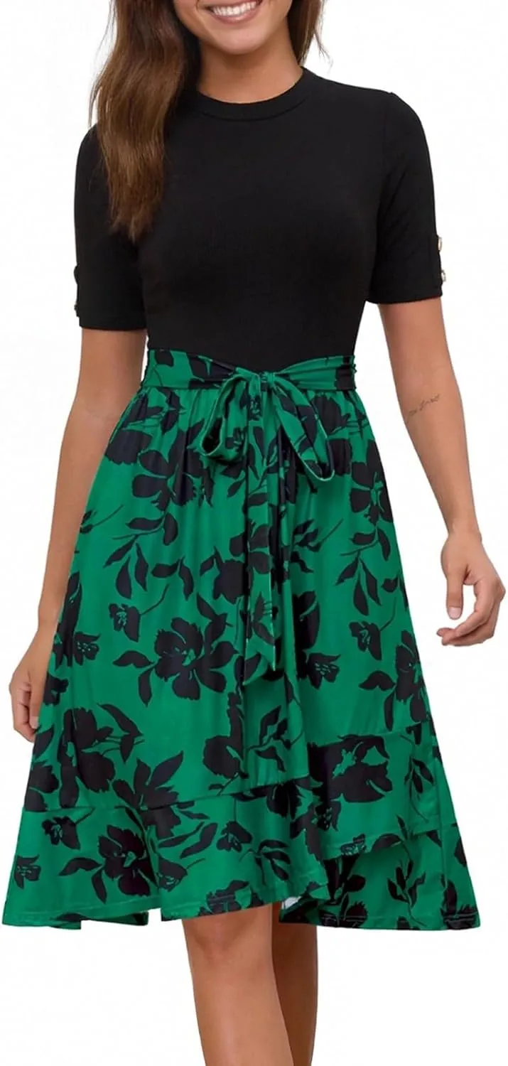 Summer Dresses for Women 2025 Short Sleeve Maxi Dress Flowy Asymmetrical Ruffle Tiered Boho Floral Dress with Belted