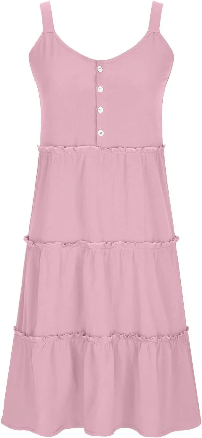 Summer Dresses for Women Simple Solid Color Tank Dress Beach Sleeveless Trendy Casual Button V Neck Tiered Sundress