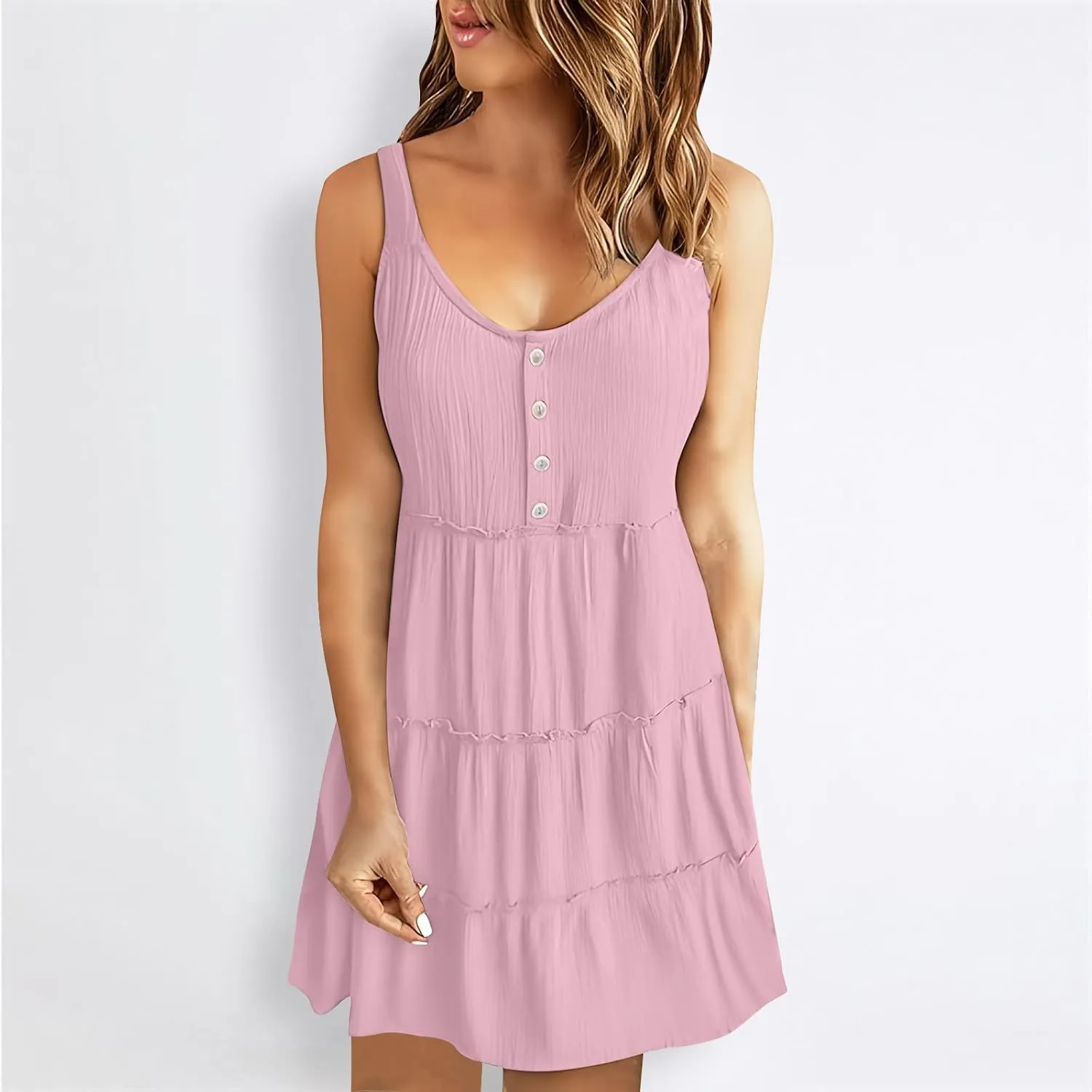 Summer Dresses for Women Simple Solid Color Tank Dress Beach Sleeveless Trendy Casual Button V Neck Tiered Sundress