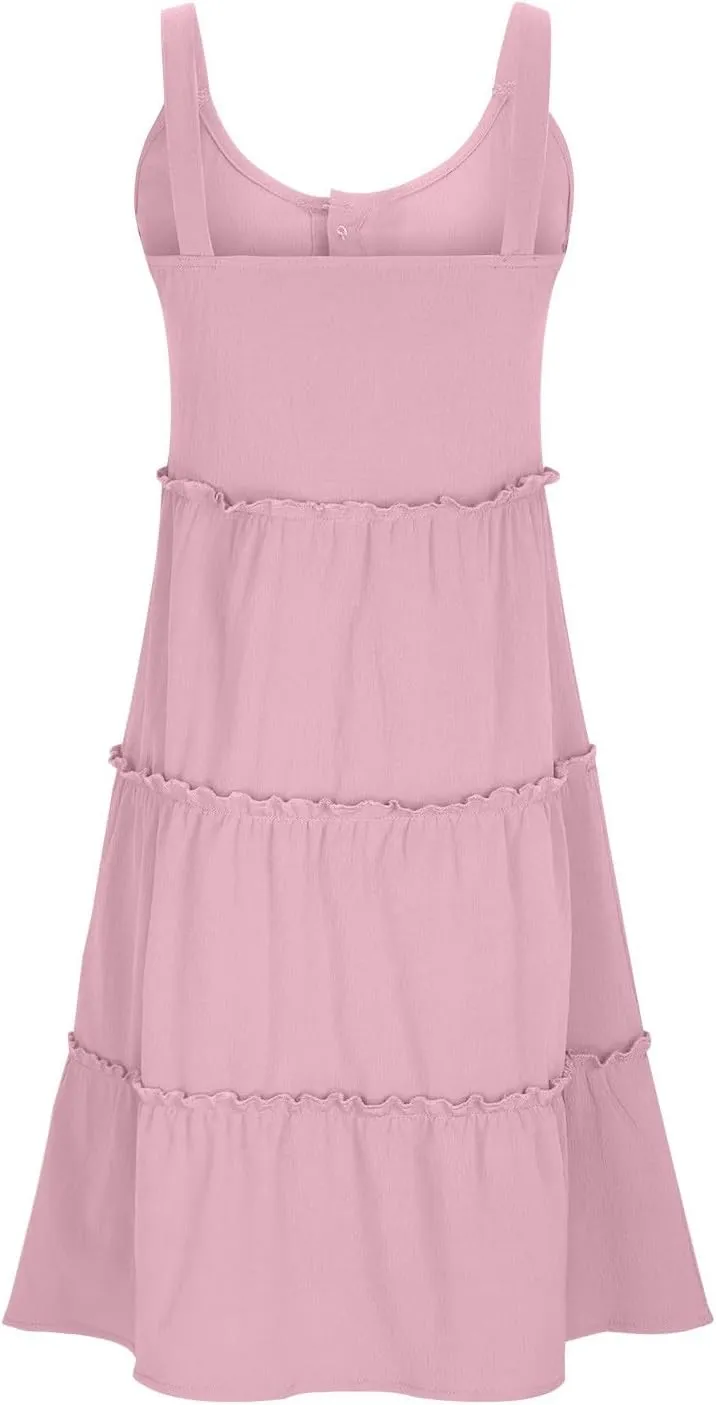 Summer Dresses for Women Simple Solid Color Tank Dress Beach Sleeveless Trendy Casual Button V Neck Tiered Sundress