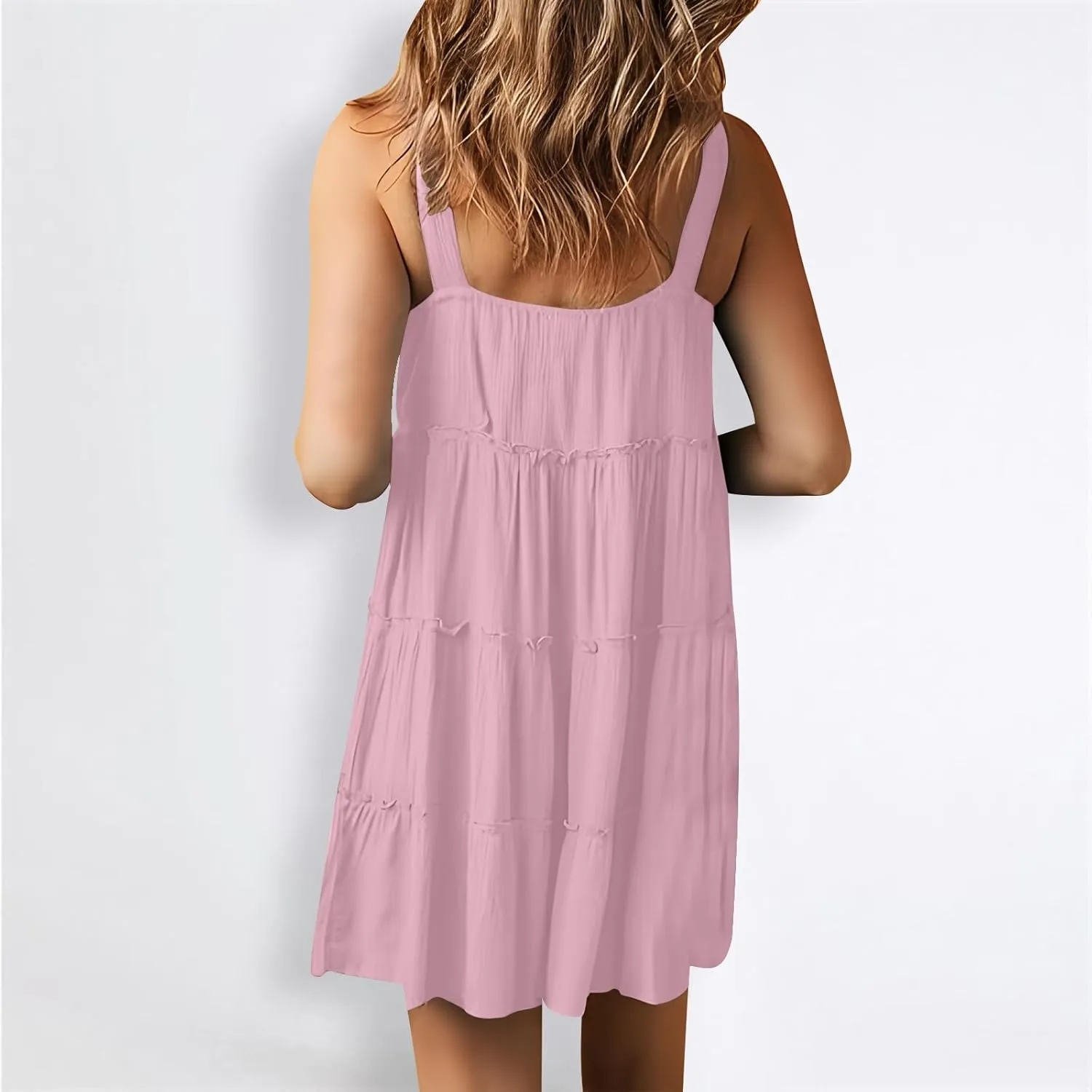 Summer Dresses for Women Simple Solid Color Tank Dress Beach Sleeveless Trendy Casual Button V Neck Tiered Sundress