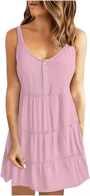 Summer Dresses for Women Simple Solid Color Tank Dress Beach Sleeveless Trendy Casual Button V Neck Tiered Sundress