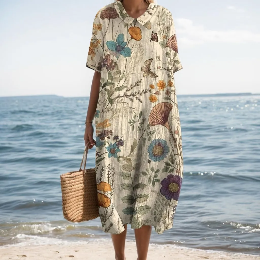 Summer Floral Maxi Dress, Women Casual Cotton Linen Boho Short Sleeve Crewneck Beach Flowy Vacation Dress with Pocket