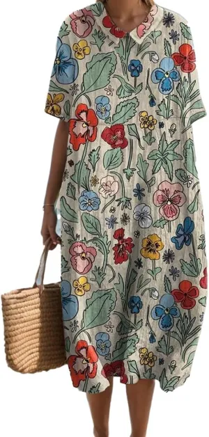 Summer Floral Maxi Dress, Women Casual Cotton Linen Boho Short Sleeve Crewneck Beach Flowy Vacation Dress with Pocket