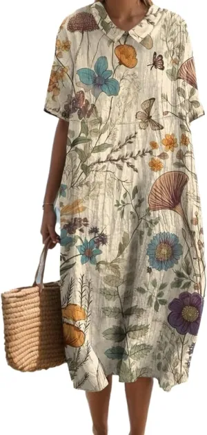Summer Floral Maxi Dress, Women Casual Cotton Linen Boho Short Sleeve Crewneck Beach Flowy Vacation Dress with Pocket