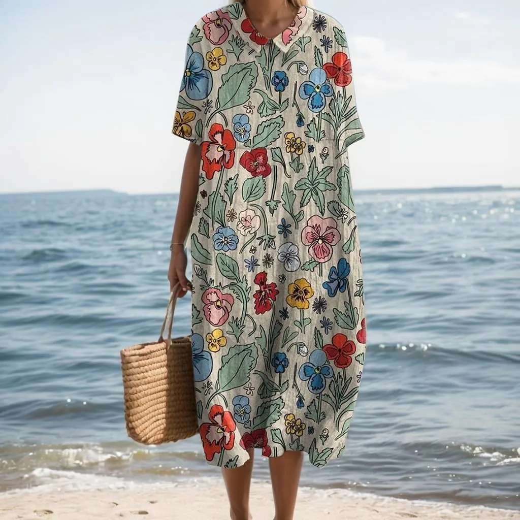 Summer Floral Maxi Dress, Women Casual Cotton Linen Boho Short Sleeve Crewneck Beach Flowy Vacation Dress with Pocket