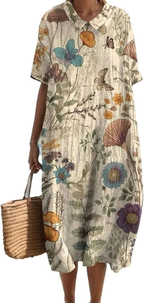 Summer Floral Maxi Dress, Women Casual Cotton Linen Boho Short Sleeve Crewneck Beach Flowy Vacation Dress with Pocket