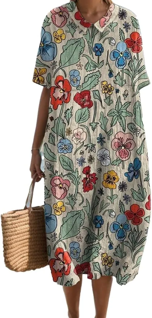 Summer Floral Maxi Dress, Women Casual Cotton Linen Boho Short Sleeve Crewneck Beach Flowy Vacation Dress with Pocket