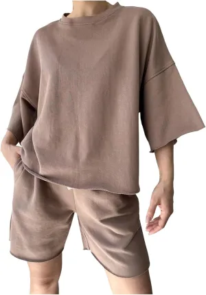 Summer Outfits for Women Ruffled Shirt and High Waist Shorts Sweatsuit Set Relaxed Fit Two Piece Lounge Spring Sets