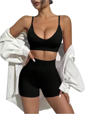 SweatyRocks Women's 2 Piece Workout Sets Seamless Sleeveless Camisole and Yoga Shorts Tracksuit
