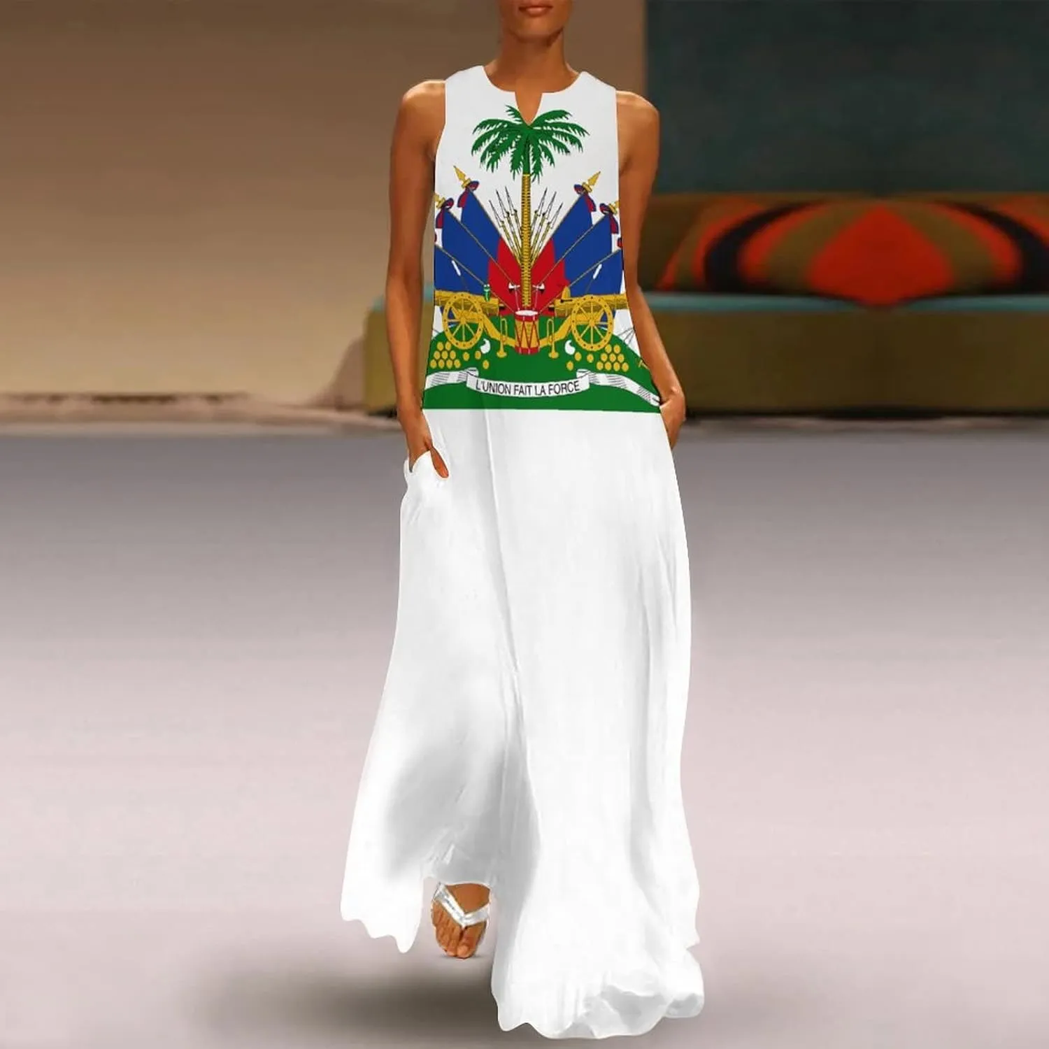 TAIZIYEAH Long Dress Elegant Casual Long Dress Haiti Flag Girls Summer Sunshine Beach Skirts for Womens L