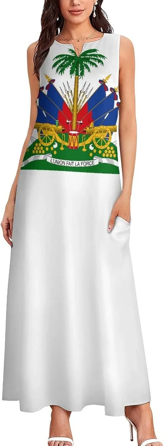TAIZIYEAH Long Dress Elegant Casual Long Dress Haiti Flag Girls Summer Sunshine Beach Skirts for Womens L