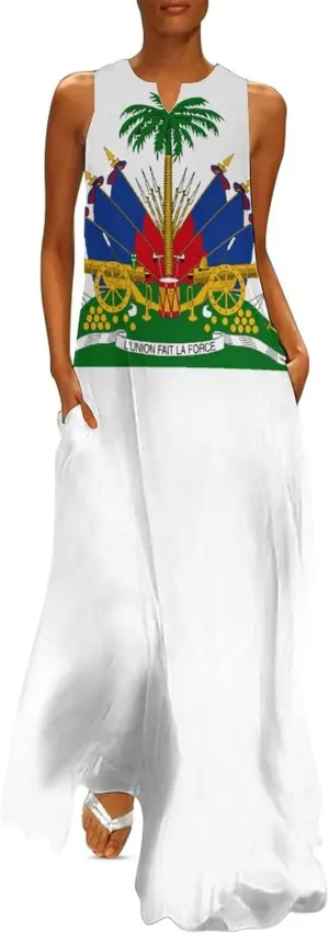 TAIZIYEAH Long Dress Elegant Casual Long Dress Haiti Flag Girls Summer Sunshine Beach Skirts for Womens L