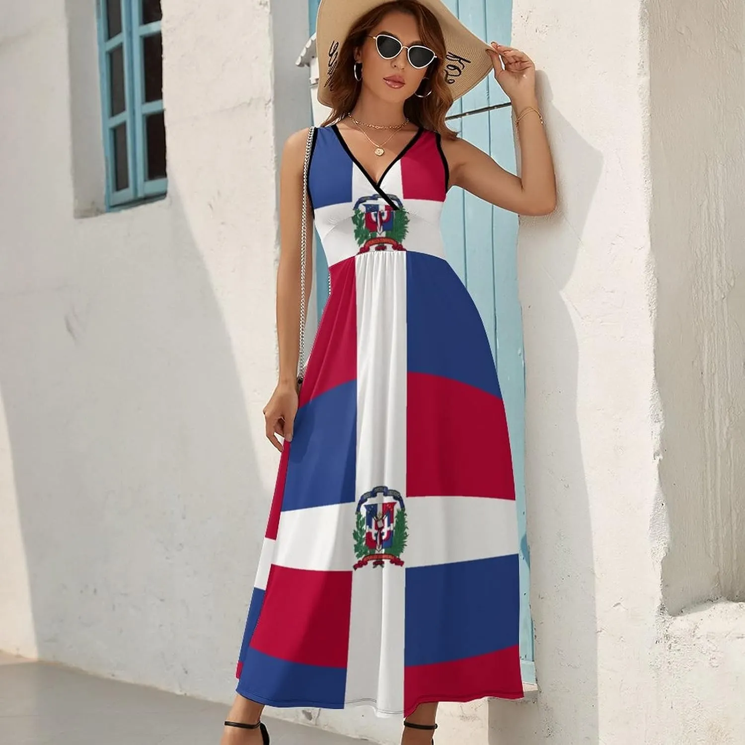 TAIZIYEAH Sleeveless Dress Elegant Casual Long Dress Dominican Flag Girls Summer Sunshine Beach Skirts for Womens L