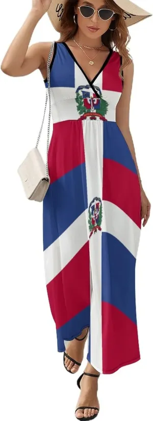 TAIZIYEAH Sleeveless Dress Elegant Casual Long Dress Dominican Flag Girls Summer Sunshine Beach Skirts for Womens L