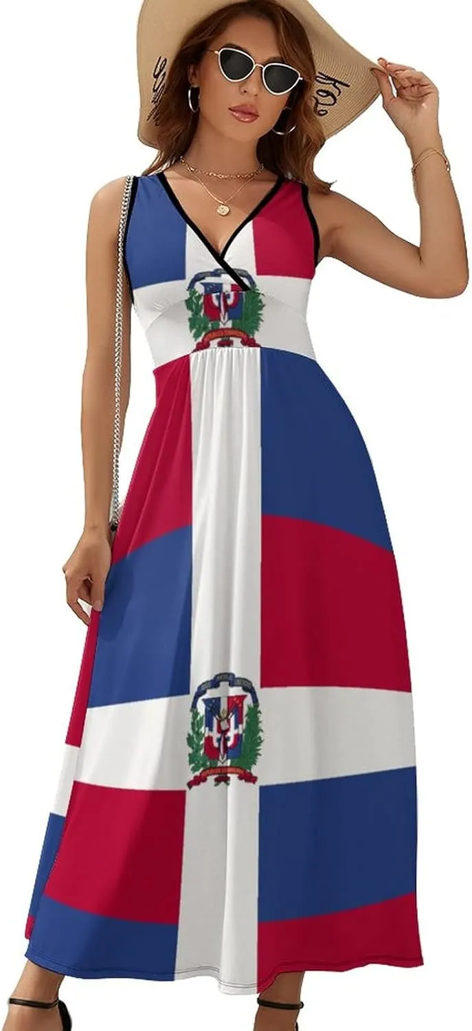 TAIZIYEAH Sleeveless Dress Elegant Casual Long Dress Dominican Flag Girls Summer Sunshine Beach Skirts for Womens L