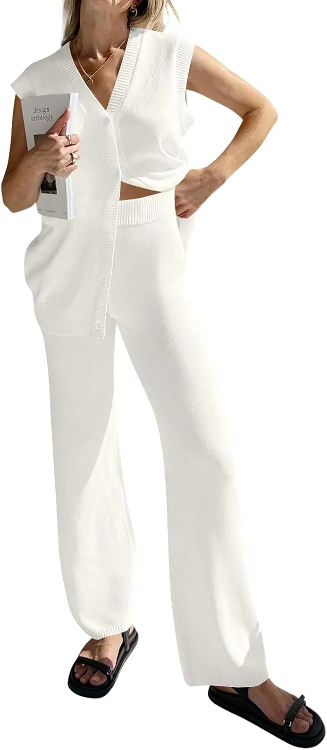 Tankaneo Womens Knit 2 Piece Outfits Sets Sleeveless Button Down Vest Tops Wide Leg Pants Lounge Set