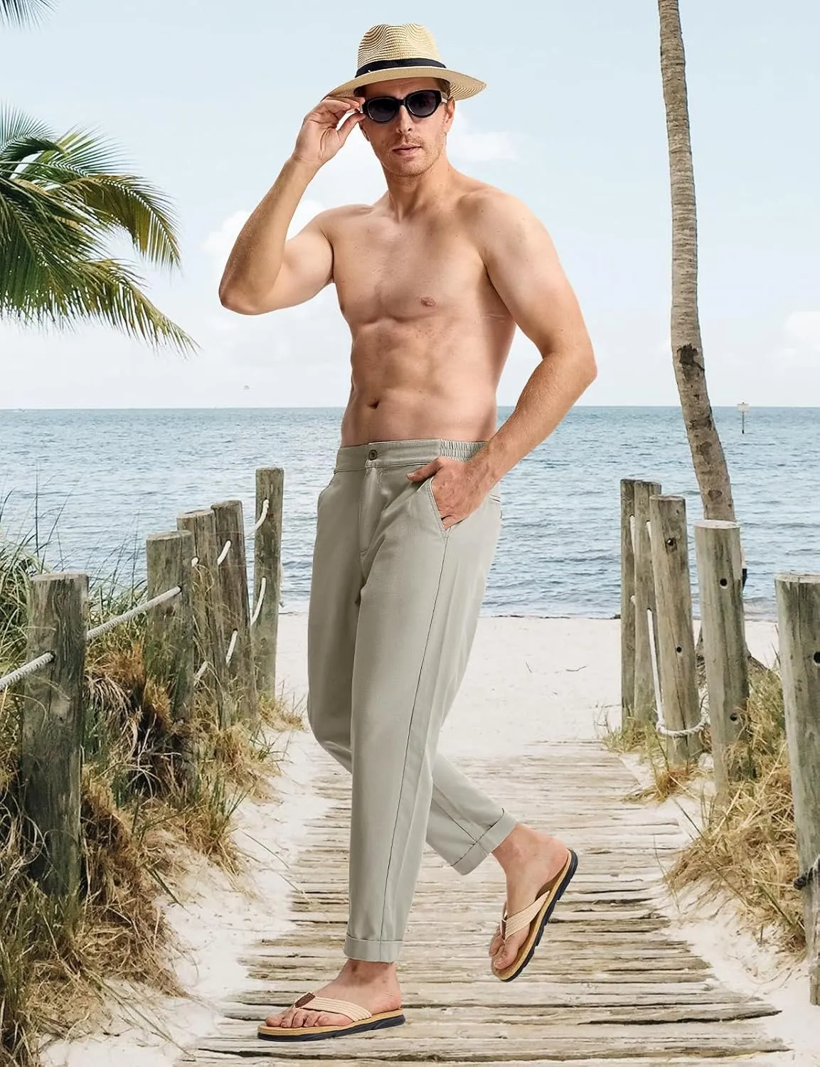 TBMPOY Men’s Linen Pants Casual Lightweight Beach Summer Pants Elastic Waist Slim Fit Trousers